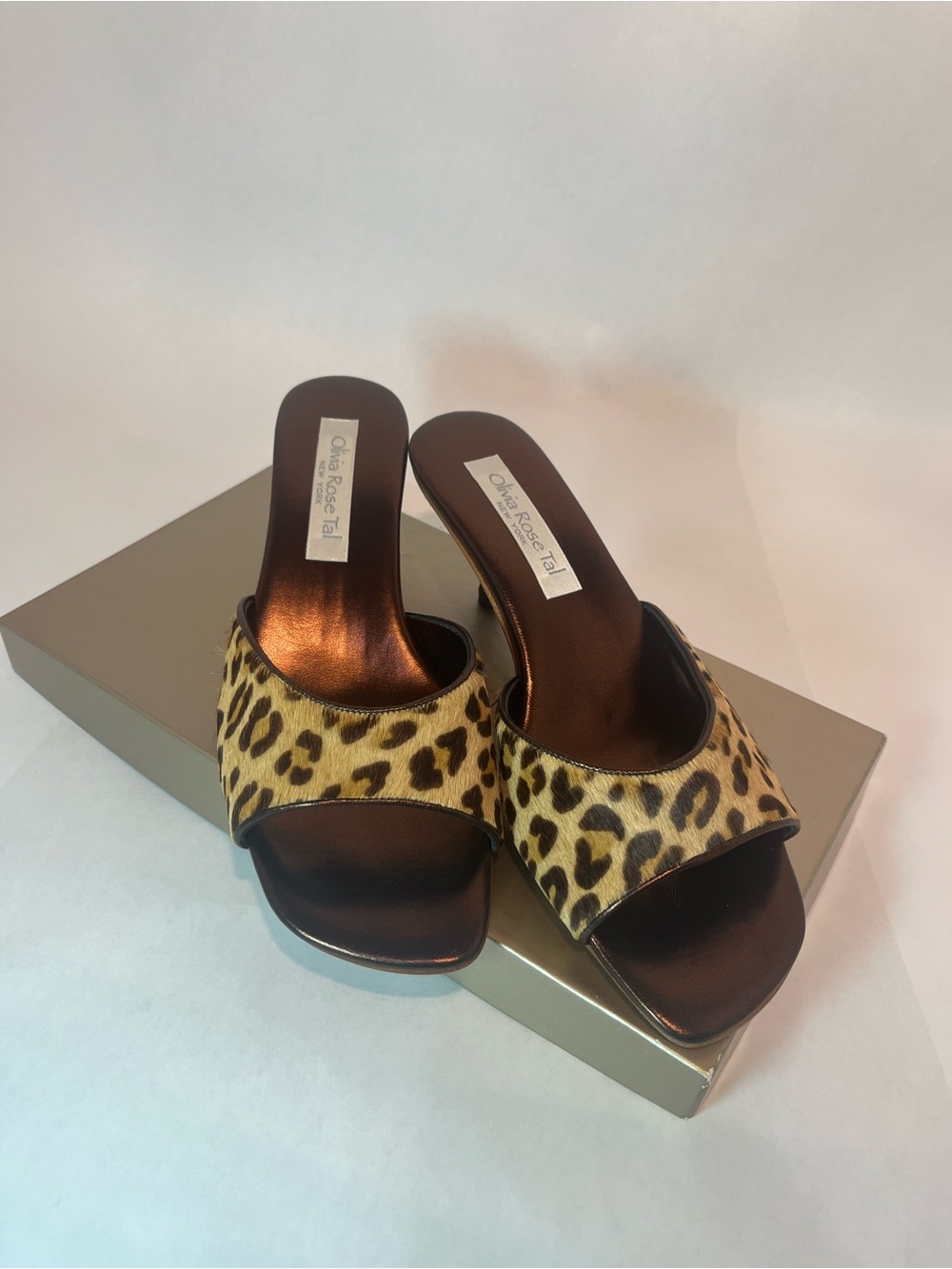 Olivia Rose Tal Leopard Print Slide Mules - Brown/Gold